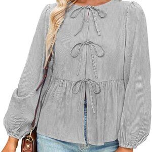 NENONA Bow Tie Front Babydoll Long Sleeve Blouse Stripe Peplum Ruffle Lace Up